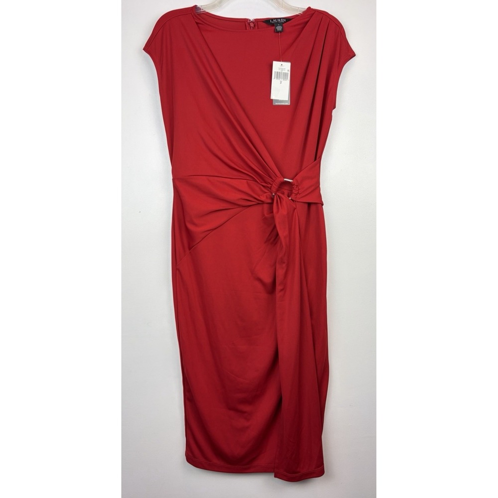 Lauren Ralph Lauren Women 2 XS Ring Trim Jersey Cap-Sleeve Dress Red Comfort New